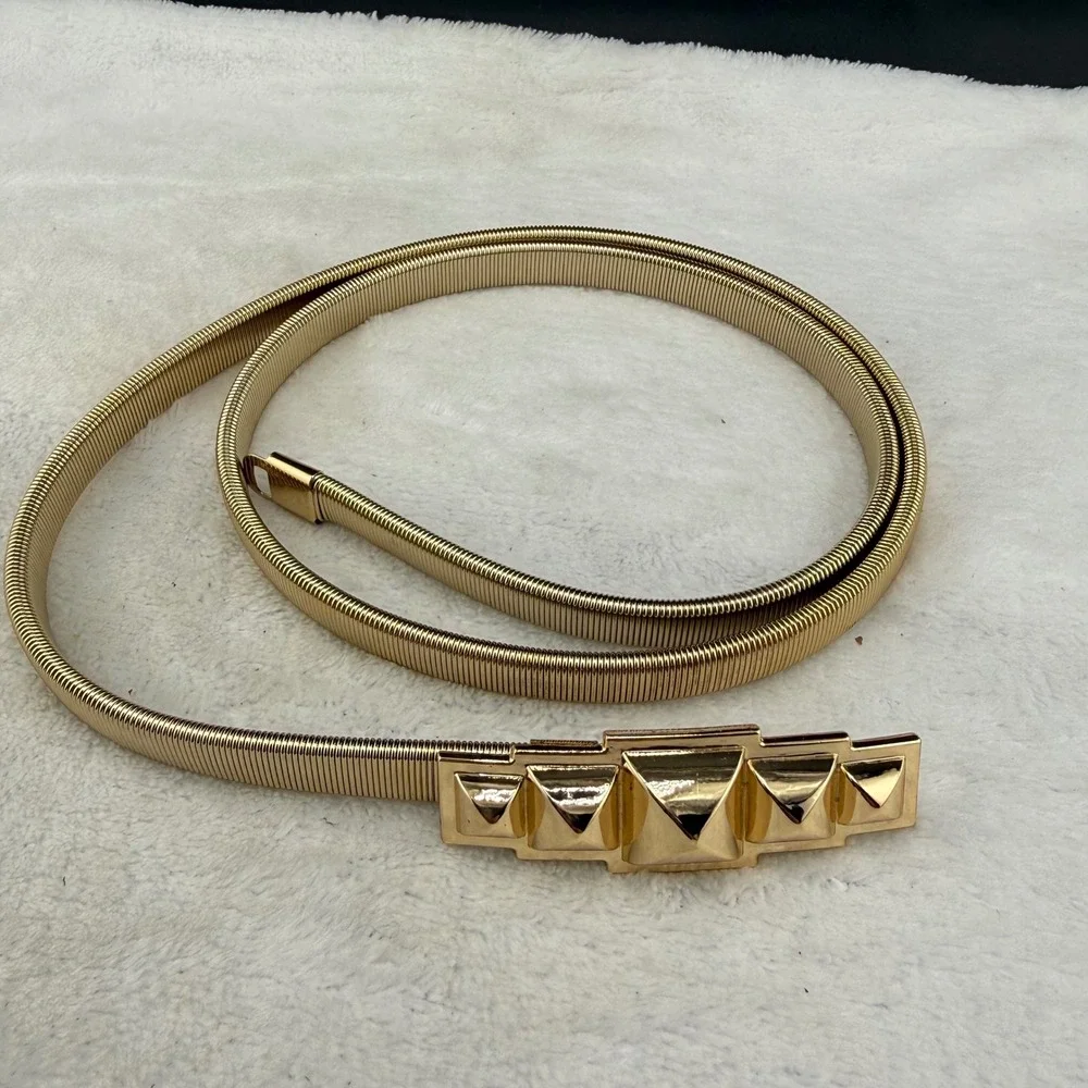 Vintage Gold Tone Stretch Snake Chain Belt Pyramid Stud Buckle Womens One Size